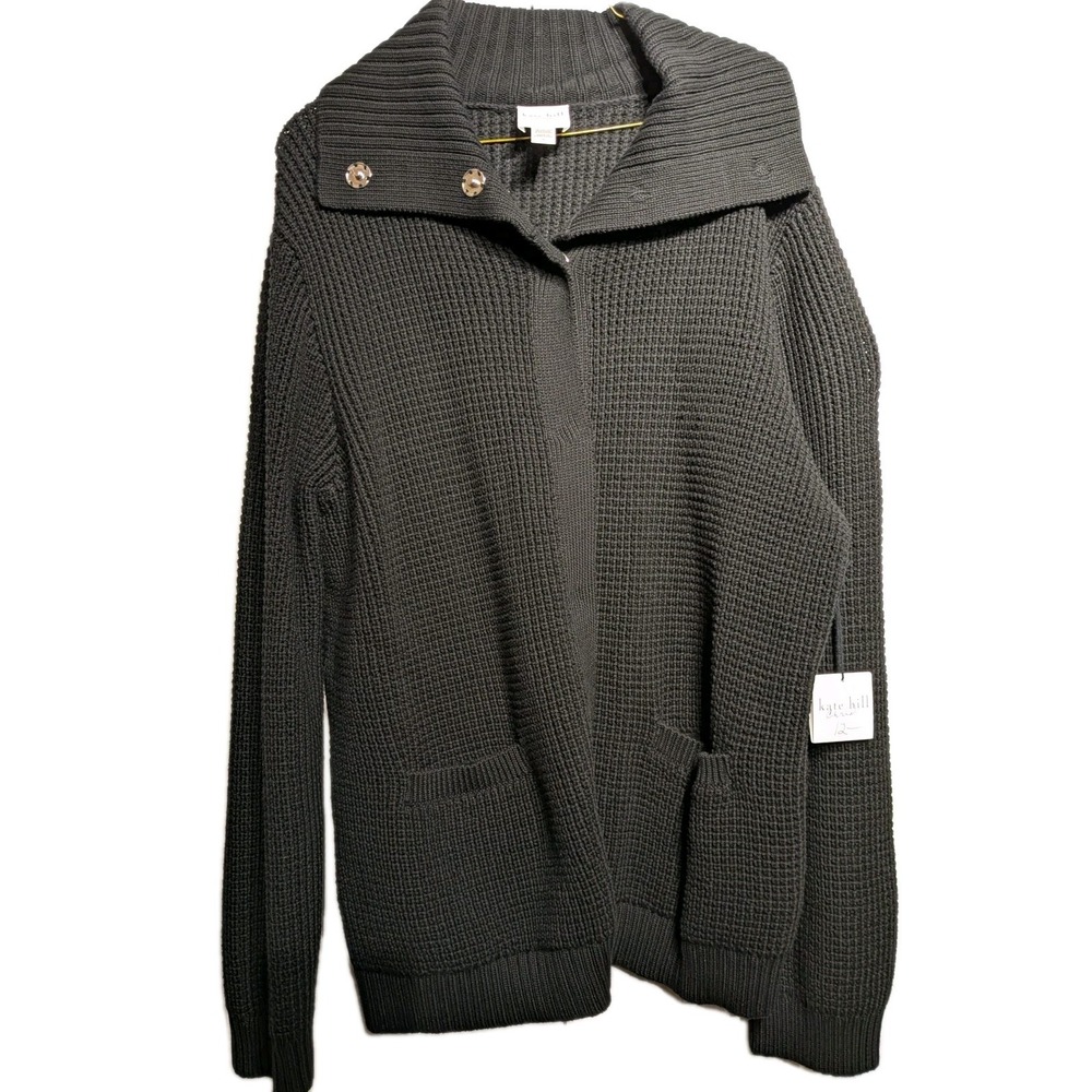 Kate Hill Sweater Cardigan Sweater Women 1X Blk Waffle Knit Full Snap Pocket NWT